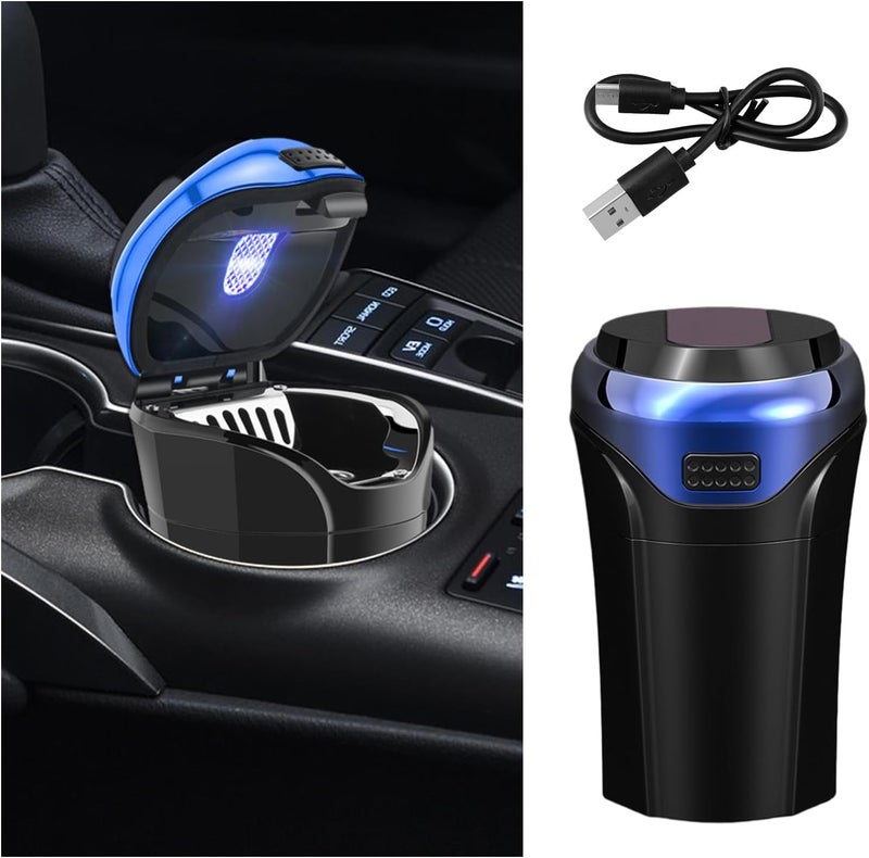 Suvnie Car Ashtray with Lid, Detachable USB Rechargeable Auto Cigarette Lighter with Blue LED Light, Portable Smell Proof Stainless Car Ash Tray, Mini Automotive Trash Can (Blue) - Image 1